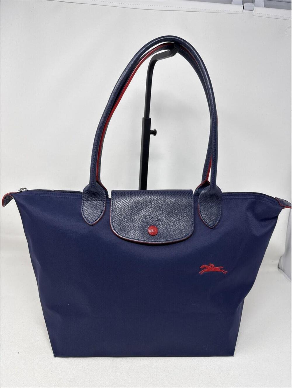 Long Champ Le Pliage Club Shoulder Tote Navy With Red Logo Medium